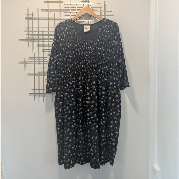 Harvey Celler Dresses & Skirts - Vtg 90s Dress Black Floral Smocked Bodice Md Cottagecore Prairie Boho Romantic